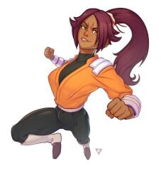 1girls belly_button bleach dark-skinned_female dark_skin female female_only fully_clothed orange_eyes orange_shirt ponytail purple_hair shihouin_yoruichi solo tight_pants wolfade