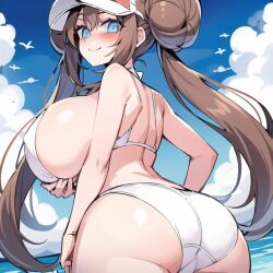 ai_generated ass bikini blue_eyes brown_hair game_freak hyper_breasts long_brown_hair long_hair long_twintails looking_back_at_viewer nintendo outdoors pokemon pokemon_bw2 qmai rosa_(pokemon) sideboob solo thick_thighs twin_buns twintails visor