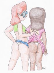 ass brown_eyes brown_hair clothed coloured duo duo_female female human kiszkot lilo_(lilo_and_stitch) lilo_and_stitch myrlte_(lilo_and_stitch) orange_hair panties rear_view signature simple_background skirt skirt_lift skirt_up young