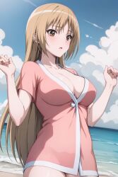 1girls ai_generated arm_at_side bangs barely_clothed beach big_breasts blonde_female blonde_hair blush bottomless breasts breasts brown_eyes busty embarrassed female female_focus huge_breasts ichinose_riko long_hair looking_at_viewer no_bra no_panties no_underwear oppai outdoors partially_clothed partially_clothed_female ran_sem seaside shirt shirt_only solo solo_focus stable_diffusion thick_thighs very_long_hair voluptuous voluptuous_female w_arms