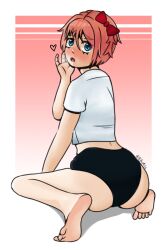 1girls ass back bboiarts blue_eyes blush bow doki_doki_literature_club feet female hairbow heart just_sayori red_bow red_hair_bow red_hairbow sayori_(doki_doki_literature_club) strawberry_blonde_hair