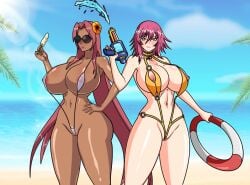 2girls areolae beach big_breasts bikini blush breasts busty dark-skinned_female dark_skin female huge_breasts ingrid_(taimanin_asagi) large_breasts lifebuoy light-skinned_female light_skin makai_kishi_ingrid milf mizuki_shiranui mother multiple_girls navel nipples popsicle shadowofjensen sling_bikini succubus sunglasses swimsuit taimanin_(series) taimanin_yukikaze thick_thighs thighs tinted_eyewear voluptuous water_gun