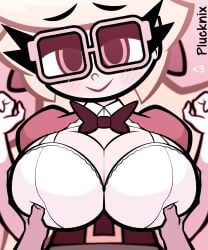 1girls 2023 animated arms_up blonde_hair blush bouncing_breasts bow breast_grab breast_massage breasts cartoony cleavage close-up clothing cute glasses hairbow holly_(plucknix) large_breasts looking_at_viewer original original_character plucknix red_eyes smile tagme toony watermark