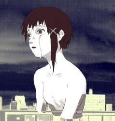 1girls asymmetrical_hair brown_eyes brown_hair city crying female female_only flat_chest hair_ornament hairpin lain_iwakura nipples serial_experiments_lain short_hair small_breasts solo