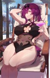 1girl artist_name bare_shoulders beach_chair belly_button belly_button_visible_through_clothing big_breasts black_one-piece_swimsuit blue_sky blurry blurry_background blush breasts breasts_apart casual_one-piece_swimsuit cleavage cleavage_cutout clothing_cutout cloud cocktail_glass collarbone commentary covered_navel cup curvy day drinking_glass earrings eyewear_on_head food fruit gold_trim grin hair_over_one_eye highleg highleg_one-piece_swimsuit highres holding_drink honkai:_star_rail honkai_(series) hourglass_figure huge_breasts jewelry kafka_(honkai:_star_rail) large_breasts legs_together lime_(fruit) lime_slice long_hair looking_at_viewer magister magister_(bigbakunyuu) mature_female multiple_rings one-piece_swimsuit pale-skinned_female pale_skin palm_tree ponytail poolside purple_eyes purple_hair ring round_eyewear sitting sky smile solo sunglasses sunglasses_on_head swimsuit thick_thighs thighs tree wide_hips