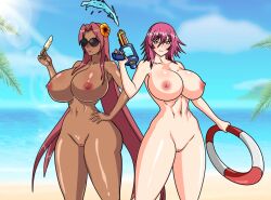 2girls areolae beach big_breasts blush breasts busty completely_nude completely_nude_female dark-skinned_female dark_skin female huge_breasts ingrid_(taimanin_asagi) large_breasts lifebuoy light-skinned_female light_skin makai_kishi_ingrid milf mizuki_shiranui mother multiple_girls navel nipples nude nude_female popsicle pussy shadowofjensen succubus sunglasses taimanin_(series) taimanin_yukikaze thick_thighs thighs tinted_eyewear voluptuous water_gun