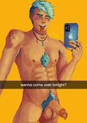 1boy _thirty_two abs alternate_universe balls ballsack blue_eyes blue_hair caspar_von_bergliez dick fire_emblem fire_emblem:_three_houses human lean_muscle male male_nipples male_only male_pubic_hair modern_au muscles muscular_male necklace nipple_piercing nude_male pecs penis penis_piercing piercing piercings post-timeskip prince_albert_piercing scrotum selfie semi-erect smooth_penis smooth_skinned_male snapchat tattoo teal_eyes teal_hair testicles tongue_piercing