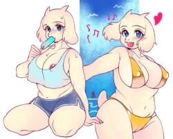 2023 big_breasts bikini blue_eyes blush bokkymen5747706 breasts cameltoe caprine cute cute_fang cute_fangs female female_only furry furry_only goat_ears goat_horns heart horns musical_note navel nipple_bulge nipples popsicle popsicle_in_mouth sweat toriel undertale undertale_(series) white_body white_fur wholesome