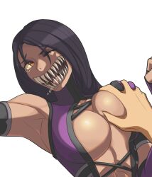 big_breasts black_hair breast_grab breasts cute edenian female female_focus hand_on_breast iggler mileena mileena_(mk9) mortal_kombat mortal_kombat_(2011) offscreen_character one_eye_closed partial_male pink_clothing purple_clothing saliva saliva_string sharp_teeth spit tarkatan tear tearing_up tears wince yellow_eyes