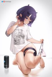 1girls barefoot breasts cute feet female female_only greatodoggo hololive hololive_english hololive_myth light-skinned_female light_skin ninomae_ina'nis panties panties_removed petite petite_body purple_hair short_hair small_breasts solo t-shirt thighs virtual_youtuber