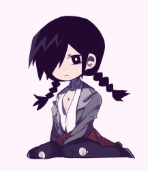 1girls black_eyes black_hair braids chibi cleavage clothed expressionless female female_only funamusea goth goth_girl hair_over_one_eye looking_at_viewer medium_breasts mogeko_castle plaid_skirt school_uniform schoolgirl sitting skirt solo solo_female suggestive twin_braids yonaka_kurai