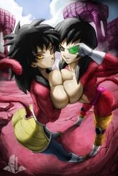 2girls absurdres adjusting_eyewear aqua_eyes artist_name ass big_breasts black_hair blue_sky blush body_fur boots breast_press breasts breasts_out busty canyon cloud dragon_ball dragon_ball_gt dragon_ball_minus dragon_ball_z earrings elite_nappa elitenappa facing_viewer female female_only female_saiyan full_body gine gloves green-tinted_eyewear grin hand_up happy highres jewelry large_breasts leaning_forward looking_at_viewer medium_hair milf monkey_tail mother multiple_girls nappa outdoors parted_lips red_fur saiyan scouter seripa shy skirt sky smile smirk spiked_hair standing super_saiyan super_saiyan_4 sweat symmetrical_docking tail teeth thick_thighs tinted_eyewear topless white_gloves wide_hips yellow_eyes