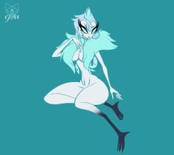 1girls accurate_art_style andrealphus_(helluva_boss) anthro areola avian beak bird blue_background blue_hair breasts claws feathers female_andrealphus gatojack3 genderswap genderswap_(mtf) hair helluva_boss hi_res mtf_crossgender nude owl owl_demon rule_63 seductive short_hair simple_background sitting skinny_female small_waist smile solo thick_thighs vivienne_medrano wasp_waist white_body white_feathers