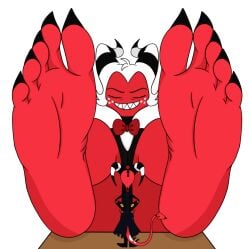 big_feet blitzo_(helluva_boss) demon demon_horns excited feet feet_fetish foot_fetish helluva_boss looking_up macro male_foot_fetish male_only micro miniboy moxxie_(helluva_boss) red_skin size_difference smiling workship