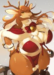 4_fingers anthro antlers big_breasts breasts brown_body brown_fur brown_hair capreoline christmas christmas_clothing clothed clothing curvy_figure deer female female_anthro fingers fur hair hi_res holidays horn huge_breasts kemono kishibe legwear long_hair looking_at_viewer mammal multicolored_body multicolored_fur open_mouth reindeer skimpy slightly_chubby solo stockings thick_thighs thigh_highs two_tone_body two_tone_fur voluptuous white_body white_fur wide_hips yellow_eyes