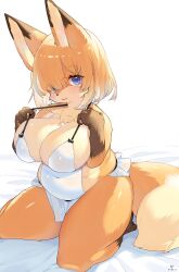 2020 4_fingers anthro barefoot bed bed_sheet bedding belly big_breasts biped blonde_hair blue_eyes blush breasts brown_body brown_fur brown_nose canid canine chest_tuft chubby_female claws cleavage clothed clothing clothing_pull curvy_figure dipstick_ears dipstick_tail eye_through_hair eyelashes feet female female_anthro fingers fluffy fluffy_tail fox full-length_portrait fur furniture glistening glistening_body glistening_fur glistening_hair gloves_(marking) hair hair_over_eye hi_res huge_breasts kemono kishibe kneeling leg_markings looking_at_viewer mammal markings monotone_hair multicolored_body multicolored_ears multicolored_fur multicolored_hair multicolored_tail navel on_bed one_eye_obstructed orange_body orange_fur pawpads pink_pawpads portrait short_hair simple_background skimpy slightly_chubby socks_(marking) solo tail tail_markings tan_body tan_fur thick_thighs toe_claws toes translucent translucent_hair tuft two_tone_tail voluptuous white_background white_clothing white_hair