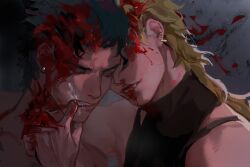 2boys ashva black_hair blonde_hair blood blood_on_face dio_brando evil_smile gay injury jojo's_bizarre_adventure jotaro_kujo long_hair male male_focus male_only multiple_boys nude short_hair smile stardust_crusaders vampire yaoi