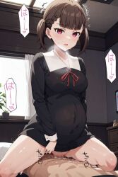 1boy 1girls ai_generated blush brown_hair cowgirl_position dressed female human kaguya-sama_wa_kokurasetai_~tensai-tachi_no_renai_zunousen~ maki_shijo male moaning pregnant pregnant_female pregnant_sex purple_eyes school_uniform sex short_hair twintails yucchiaiart