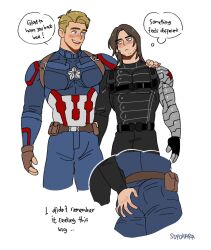 bara big_chest blonde_hair blush bucky_barnes captain_america cartoony clothed comic costume cybernetic_arm cybernetic_limb cybernetics dark_hair fully_clothed gay grabbing_ass hand_on_ass hand_on_butt hand_on_partner hand_on_shoulder harness long_hair looking_at_partner male_only marvel marvel_cinematic_universe marvel_comics metal_arm prosthetic prosthetic_arm short_hair speech_bubble steve_rogers suyohara uniform winter_soldier