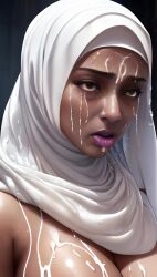 1girls ai_generated ai_upscaled breasts cum cum_on_breasts cum_on_face dark_skin defeated female hijab lipstick muslim religion solo