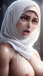 1girls ai_generated ai_upscaled big_breasts breasts confusion cum cum_on_breasts cum_on_face hijab muslim religion solo