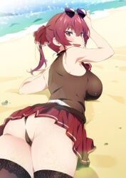 artist_request beach big_ass big_breasts big_butt black_panties eyewear_on_head glasses heart_glasses hololive hololive_fantasy hololive_japan houshou_marine laying_down leotard looking_at_viewer red_hair stockings sunglasses sunglasses_on_head upskirt virtual_youtuber