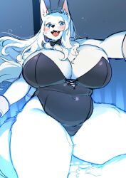 anthro big_breasts blue_eyes blush bow_(feature) bow_tie breasts bunny_costume canid canine canis clothed clothing costume curvy_figure domestic_dog fangs female fur hair huge_breasts inside kemono kishibe leotard long_hair mammal open_mouth slightly_chubby smile solo teeth thick_thighs voluptuous white_body white_fur white_hair