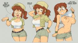 1girls areolae breasts breasts_out cleavage english_text female female_only fio_germi glasses gray_background hat looking_at_viewer medium_breasts metal_slug nipples presenting round_glasses shirt_lift shirt_up shorts solo standing stealth_brock tank_top undressing