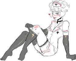 1boy blush chile chilean_national_intelligence_directorate_(countryhumans) clothing countryhumans femboy femboy_nurse feminine_male girly gloves heart male male_only nurse nurse_cap nurse_hat nurse_uniform otoko_no_ko simple_background thekuky trap white_background