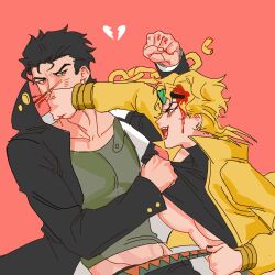 1boy 1girls ashva belt black_hair bleeding blonde_hair blood blood_on_face breasts chains coat dio_brando fangs female female_dio fighting genderswap_(mtf) jacket jojo's_bizarre_adventure jotaro_kujo large_breasts long_hair looking_at_another male nipples open_mouth punching red_eyes rule_63 short_hair simple_background stardust_crusaders straight yellow_jacket