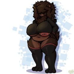 1girls 2023 areolae bear bear_ears bear_girl black_shirt black_stockings black_underwear brown_fur cheesymint commission covered_eyes crop_top furry furry_only hair_covering_eyes hands_on_hips inverted_nipples long_sleeves messy_hair nipple_piercing nipple_slip nipples original original_character pierced_nipples shirt snout solo stockings tail tail_tuft underboob underwear white_background