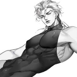 1boy abs armpits ashva dio_brando earrings gay jewelry jojo's_bizarre_adventure leotard long_hair male_focus male_only monochrome muscular muscular_male nipples pectorals smile solo solo_male stardust_crusaders taut_clothes