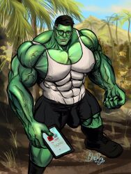 1boy abs biceps big_bulge big_chest big_pecs blueboybara bulge bulging_biceps clothed disney+ green-skinned_male green_skin huge_bulge huge_chest huge_pecs hulk hulk_(series) ipad jungle male male_only marvel marvel_cinematic_universe muscular muscular_male outdoors outside pecs professor_hulk she-hulk:_attorney_at_law solo superhero thick_thighs