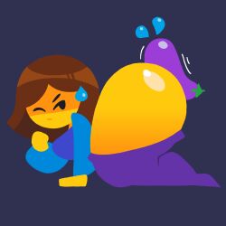 blue_shirt brown_hair brown_hair_emoji eggplant eggplant_emoji emoji_(race) jjoyplus lineless_art no_outlines purple_pants yellow_body yellow_skin