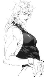 1boy ashva bracelet dio_brando earrings gay jewelry jojo's_bizarre_adventure leotard long_hair male male_focus male_only monochrome muscular muscular_male partially_clothed pectorals scar smile solo stardust_crusaders