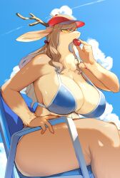 2020 5_fingers anthro big_breasts bikini blue_bikini blue_chair blue_clothing blue_swimwear breasts brown_body brown_fur brown_hair chair chest_tuft cleavage clothed clothing cloud curvy_figure deer female fingers fur furniture hair hat headgear headwear hi_res huge_breasts kemono kishibe lifeguard long_hair mammal multicolored_body multicolored_fur navel object_in_mouth red_clothing red_hat red_headwear side_boob sitting sky snout solo swimwear tuft two_tone_body two_tone_fur voluptuous whistle whistling yellow_eyes