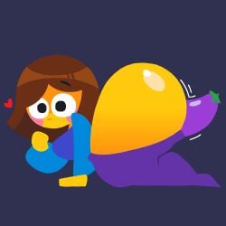 blue_shirt brown_hair brown_hair_emoji eggplant eggplant_emoji emoji_(race) jjoyplus lineless_art no_outlines purple_pants yellow_body yellow_skin