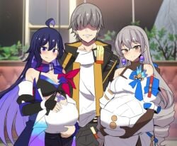 1boy 2girls bronya_rand caelus_(honkai:_star_rail) hand_on_stomach hinghoi honkai:_star_rail looking_at_viewer multiple_pregnancies pregnant seele_(honkai:_star_rail) straight