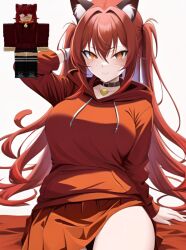 1girls 2023 ai_generated animal_ears anime_nose cat_ears cat_girl catgirl clothed_female crimson_hair female freckles moni_yoshikage neko orange_eyes red_eyes red_hair red_hoodie reference_image roblox roblox_avatar robloxian tagme