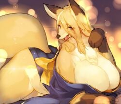 anthro asian_clothing big_breasts black_nose bow_(feature) breasts brown_body brown_fur canid canine cleavage clothed clothing curvy_figure digital_media_(artwork) dipstick_tail east_asian_clothing fangs female fluffy fox fur hair huge_breasts japanese_clothing kemono kimono kishibe long_hair looking_at_viewer lying mammal markings multicolored_body multicolored_fur multicolored_tail navel orange_body orange_fur purple_eyes smile solo tail tail_markings teeth thick_thighs tongue voluptuous white_body white_fur