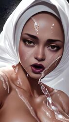 1girls ai_generated ai_upscaled breasts cum cum_on_breasts cum_on_face hijab muslim religion solo