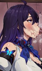 ai_generated blowjob blue_hair blush butterfly dark_hair honkai:_star_rail penis precum purple_eyes seele_(honkai:_star_rail) sucking_penis sweat two_tone_hair