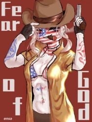 1girls 5_ensa blue_eyes blush cigarette clothing countryhumans countryhumans_girl cowgirl cowgirl_hat english_text female female_only hat red_background simple_background small_image source_not_archived text united_states_of_america_(countryhumans)