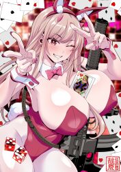 1girls alternate_costume big_breasts blonde_hair bowtie breasts bunny_ears bunny_girl bunny_tail card cleavage collar detached_collar dice double_v goddess_of_victory:_nikke gun hair_ornament hi_res long_hair momohara_rile object_between_breasts official_alternate_costume pink_bowtie pink_eyes pink_leotard playing_card rifle smile smiling solo v viper_(nikke) viper_(toxic_rabbit)_(nikke) white_legwear white_pantyhose wink winking