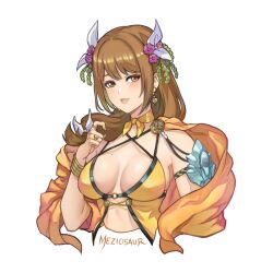 1girls alternate_costume artist_name bare_shoulders beauty_mark bikini bracelet breasts brown_eyes brown_hair cape choker commentary criss-cross_halter cropped_torso earrings female female female_only fire_emblem fire_emblem_engage flower goldmary_(fire_emblem) hair_flower hair_ornament hair_ribbon halterneck hand_up jewelry large_breasts long_hair meziosaur mole mole_on_breast nintendo orange_cape purple_flower ribbon signature simple_background solo swimsuit upper_body white_background white_ribbon yellow_bikini yellow_choker yellow_swimsuit