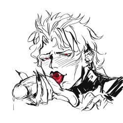 2boys ashva blush dio_brando fangs fellatio fingernails gay jojo's_bizarre_adventure long_hair male_focus male_only multiple_boys oral penis penis_grab red_eyes sharp_fingernails stardust_crusaders testicles tongue tongue_out vampire yaoi