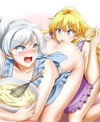 2girls apron ass ass_grab blonde_hair blue_eyes blush butt_crack cream cunnilingus flower highres kimmy77 long_hair multiple_girls naked_apron nude oral purple_eyes rwby tongue tongue_out weiss_schnee white_hair yang_xiao_long yuri