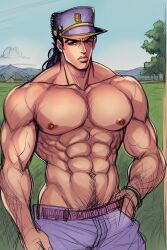 1boy bara edgal13 jojo's_bizarre_adventure jotaro_kujo male male_nipples male_only manboobs muscles muscular_male no_visible_genitalia pectorals pubic_hair shirtless_(male) stardust_crusaders