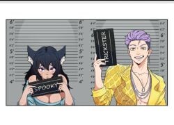 big_breasts black_hair blue_sweater cat_ears catgirl cleavage criminal dbd dead_by_daylight holding_object large_breasts looking_at_viewer mugshot neko purple_eyes purple_eyeshadow purple_hair shy streamer thatspookynekogirl trickster twitch virtual_youtuber vtuber