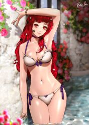 1girls alternate_costume arm_up armpits artist_name bikini blurry blurry_background breasts choker cleavage closed_mouth collarbone commentary english_commentary esther-shen female female_only fire_emblem fire_emblem_engage flower hair_ornament lips long_hair looking_at_viewer medium_breasts navel nintendo orange_eyes partially_submerged pink_choker pink_flower pink_lips red_hair solo star_(symbol) star_hair_ornament stomach swimsuit water white_bikini white_swimsuit yunaka_(fire_emblem)